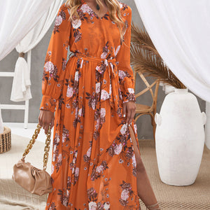 Floral Tie Waist Slit Maxi Dress-Pimamour