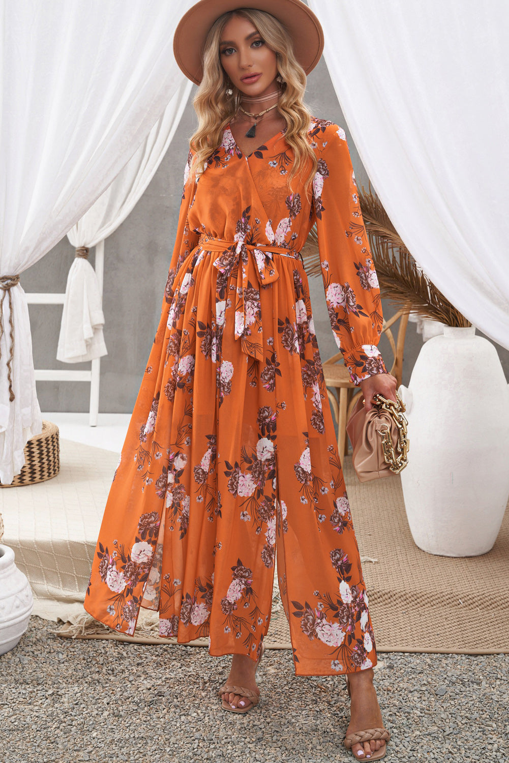 Floral Tie Waist Slit Maxi Dress-Pimamour