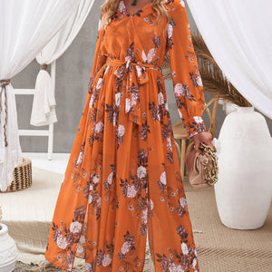 Floral Tie Waist Slit Maxi Dress-Pimamour