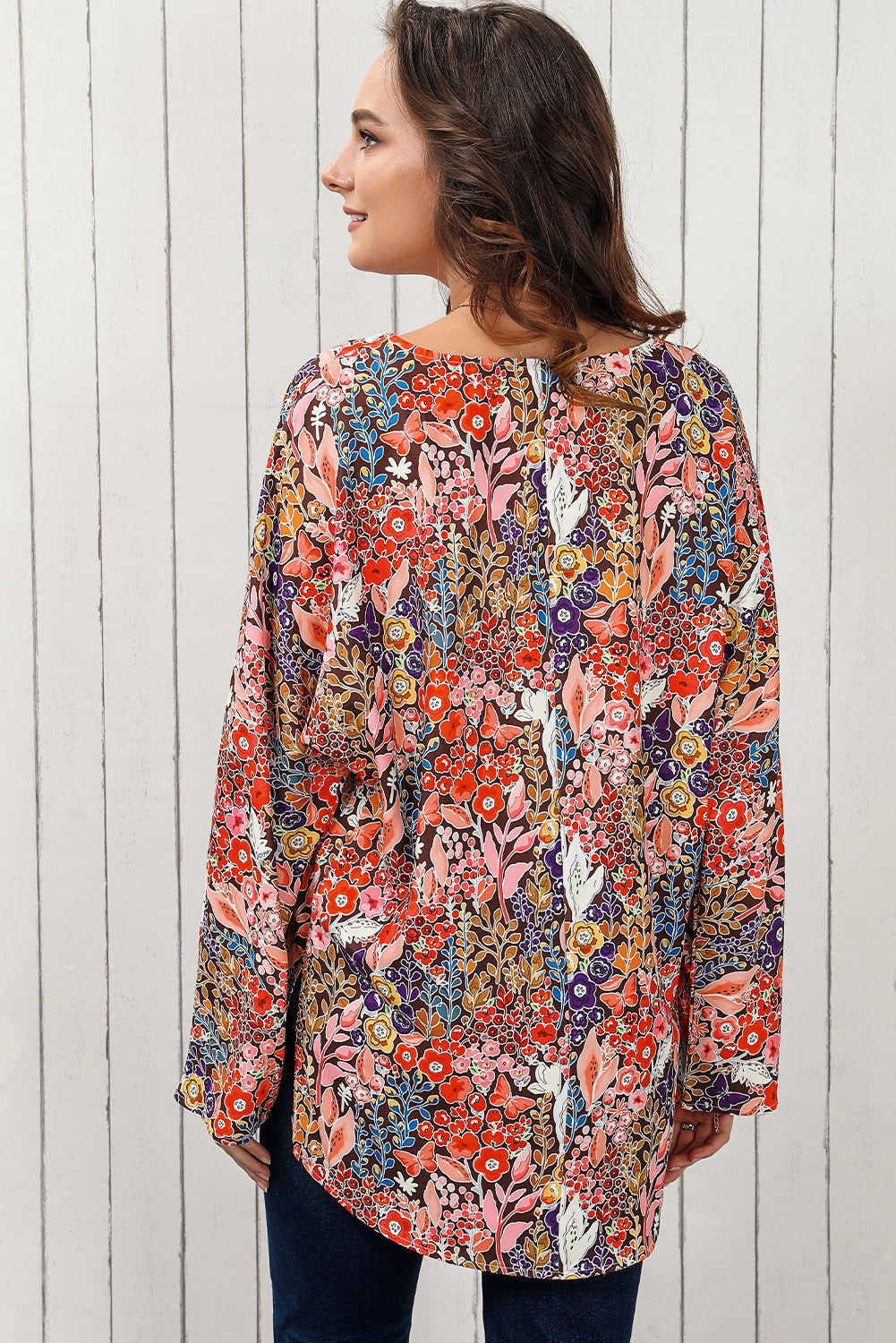 Floral V-Neck Long Sleeve Blouse-Pimamour