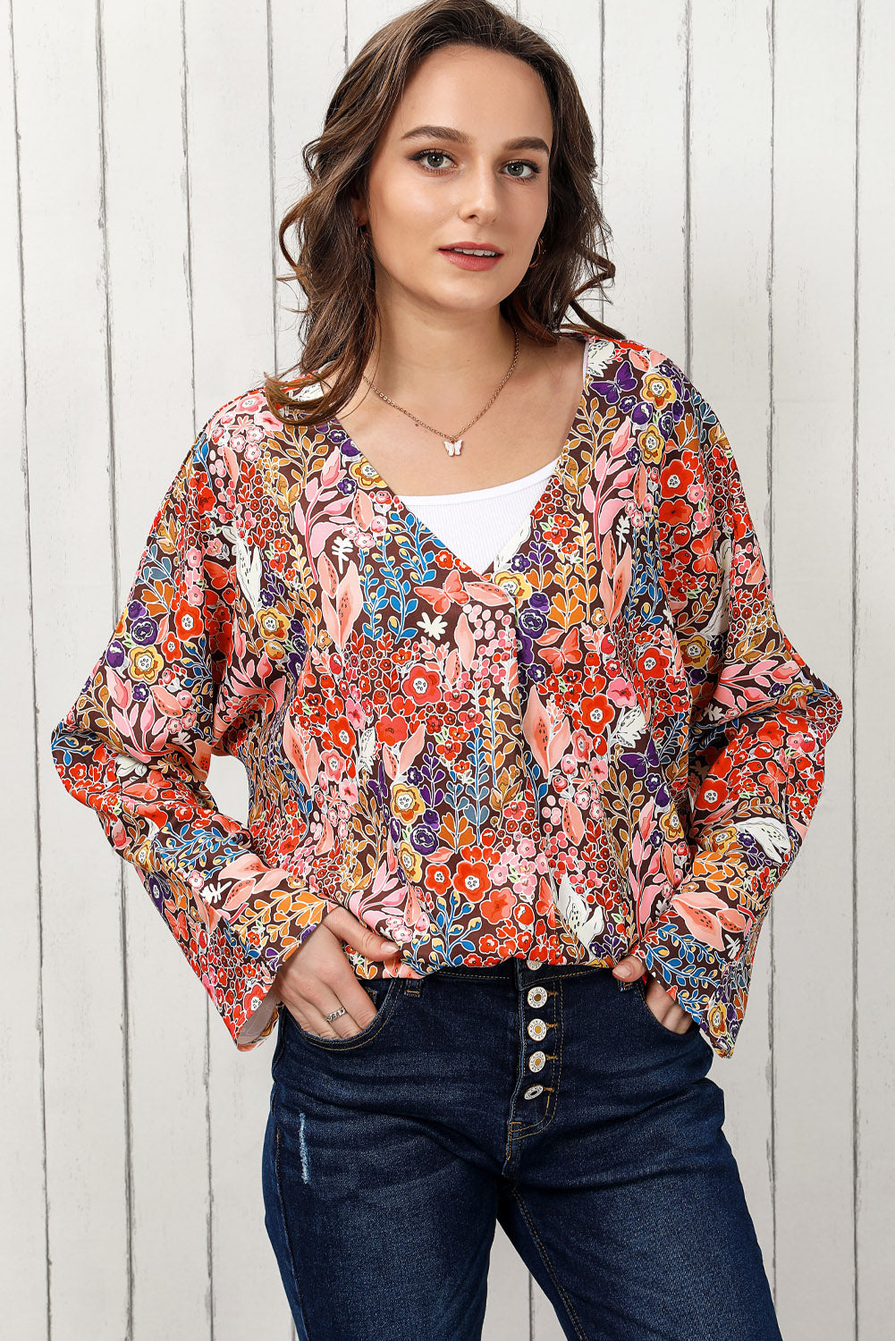 Floral V-Neck Long Sleeve Blouse-Pimamour