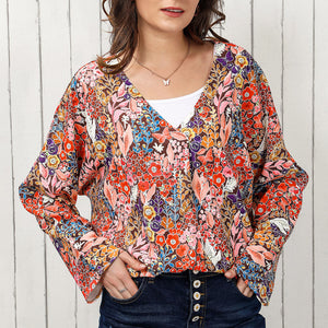 Floral V-Neck Long Sleeve Blouse-Pimamour