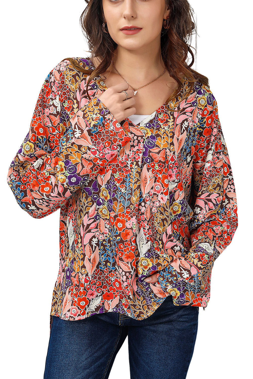 Floral V-Neck Long Sleeve Blouse-Pimamour