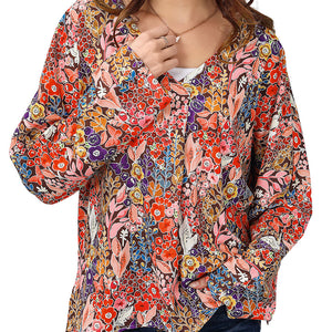 Floral V-Neck Long Sleeve Blouse-Pimamour