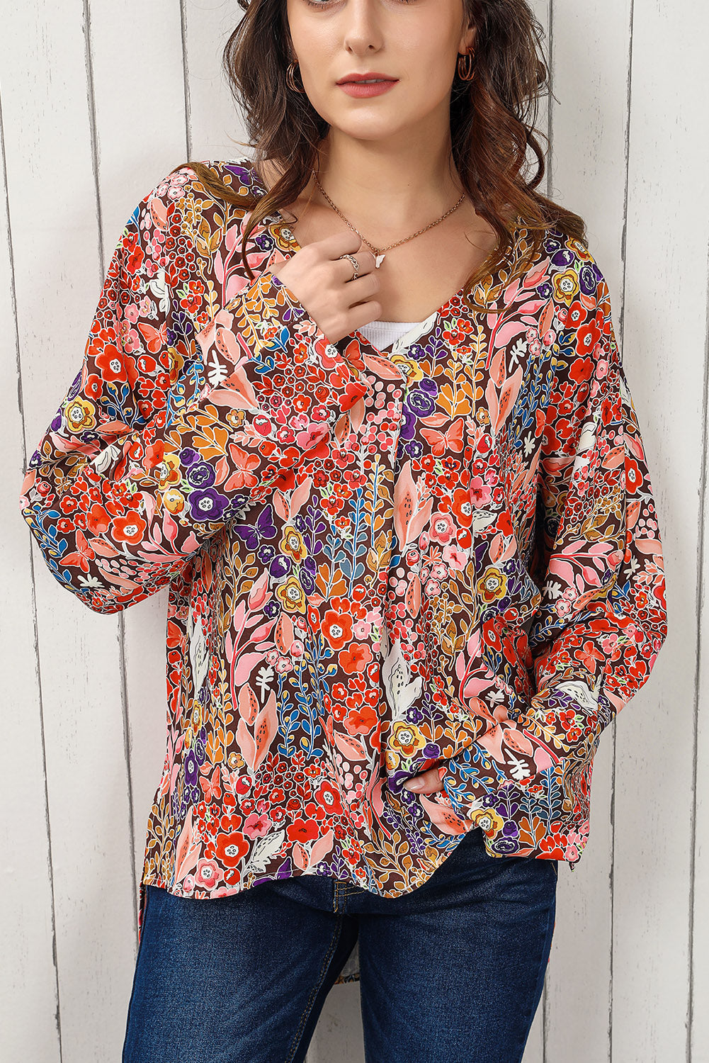 Floral V-Neck Long Sleeve Blouse-Pimamour