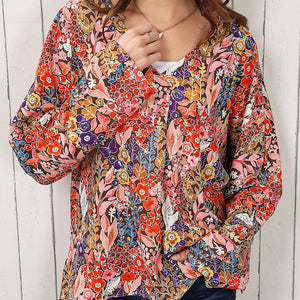 Floral V-Neck Long Sleeve Blouse-Pimamour