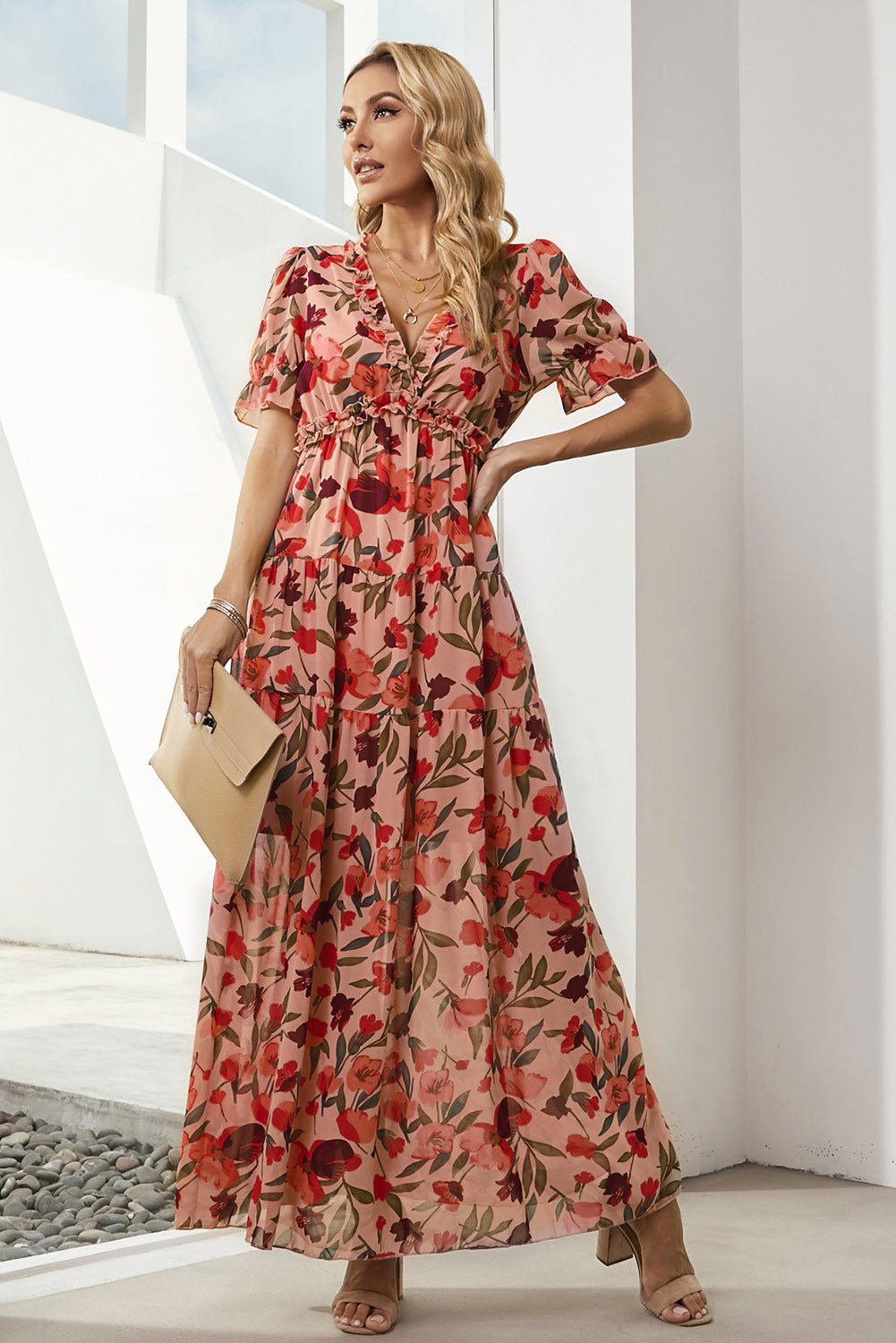 Floral V-Neck Short Flounce Sleeve Dress-Pimamour