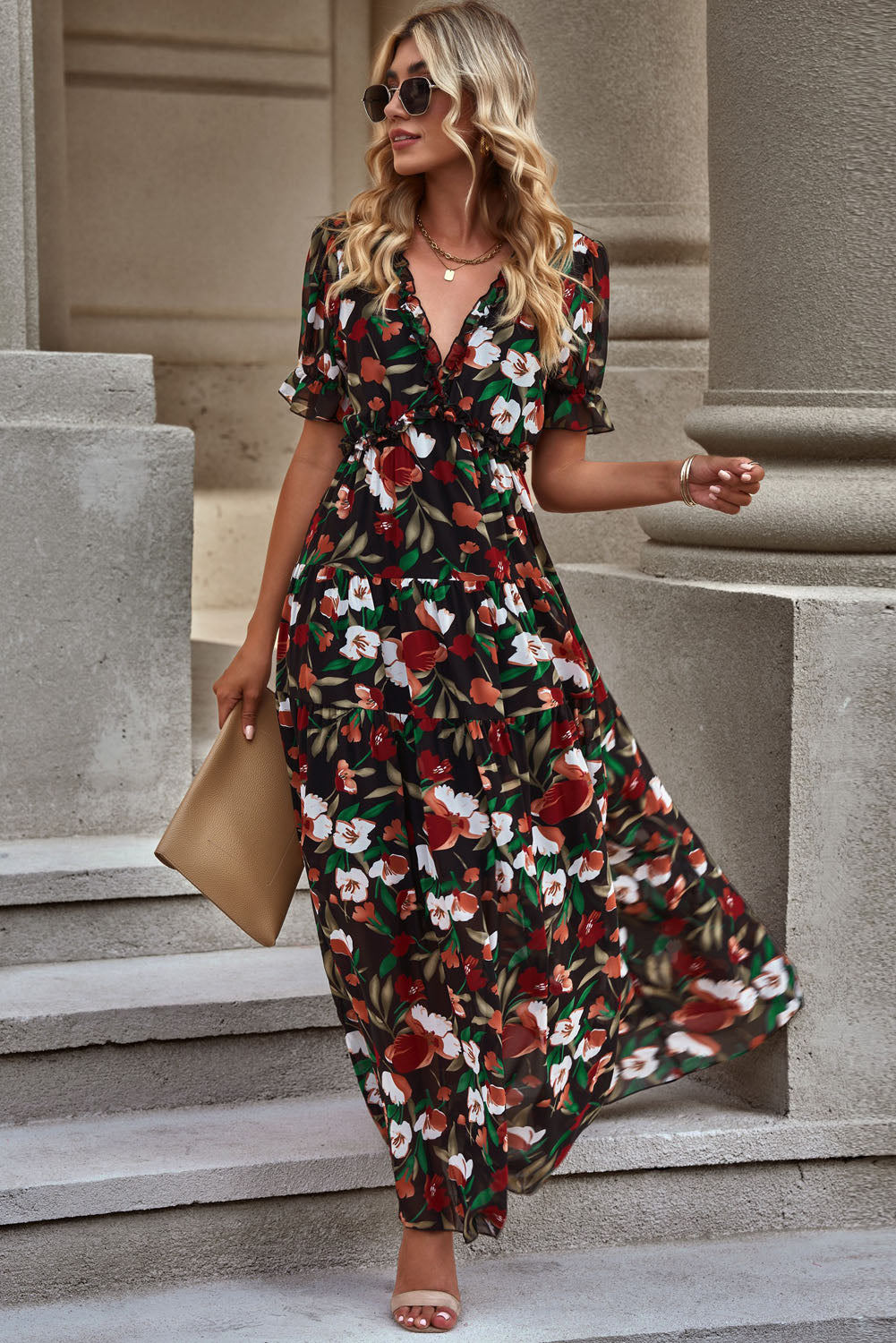 Floral V-Neck Short Flounce Sleeve Dress-Pimamour