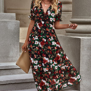 Floral V-Neck Short Flounce Sleeve Dress-Pimamour