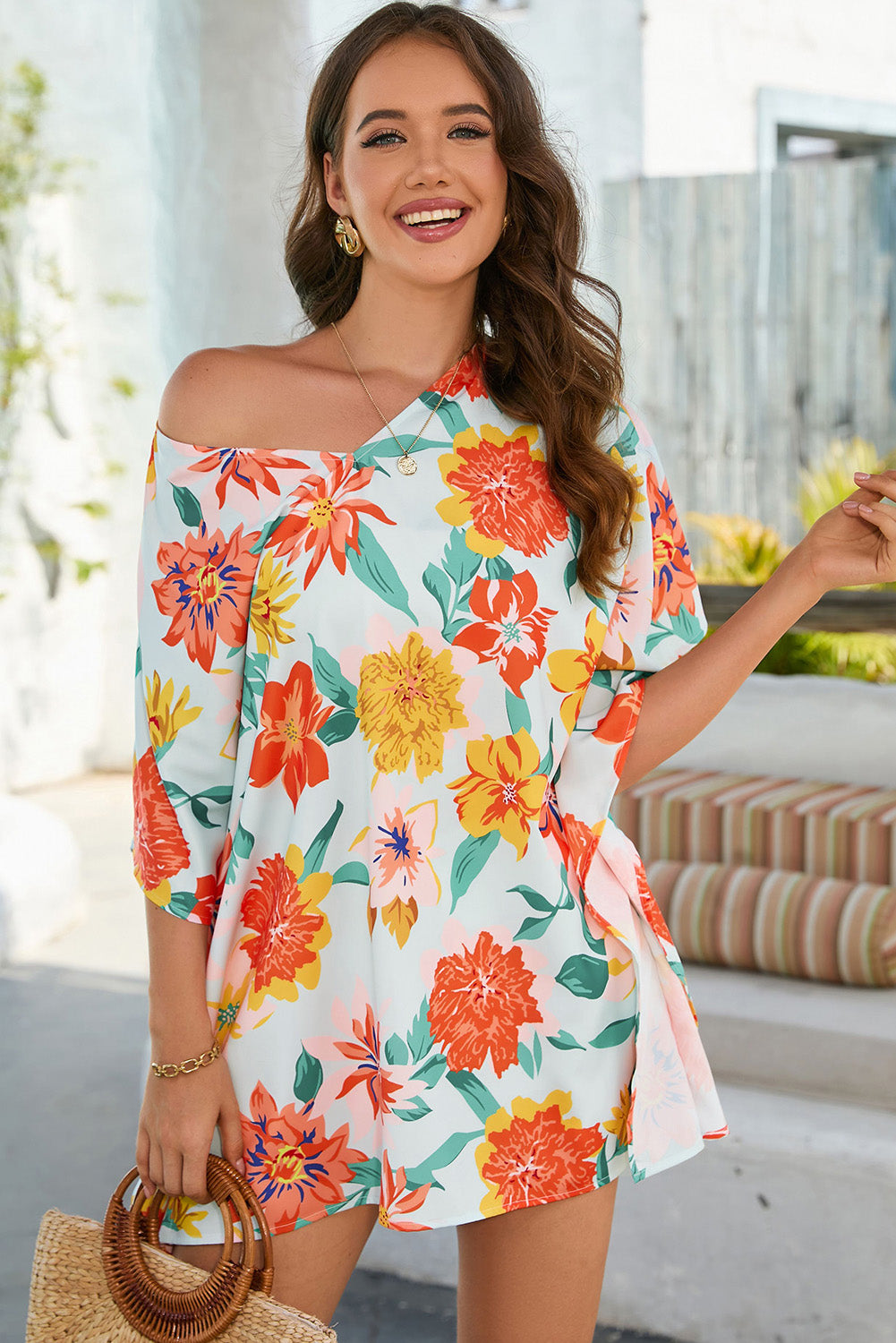 Floral V-Neck Tunic Blouse-Pimamour