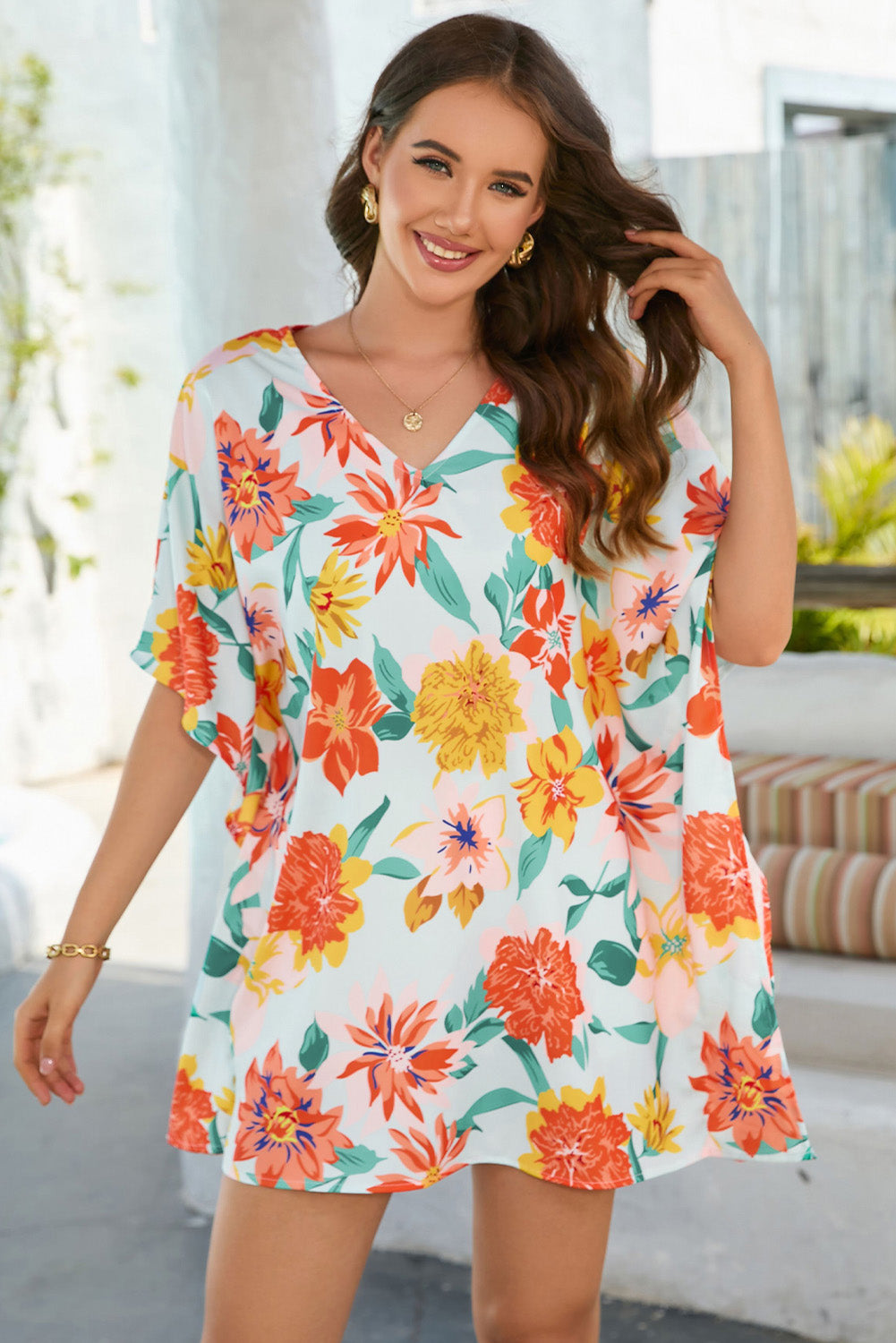 Floral V-Neck Tunic Blouse-Pimamour