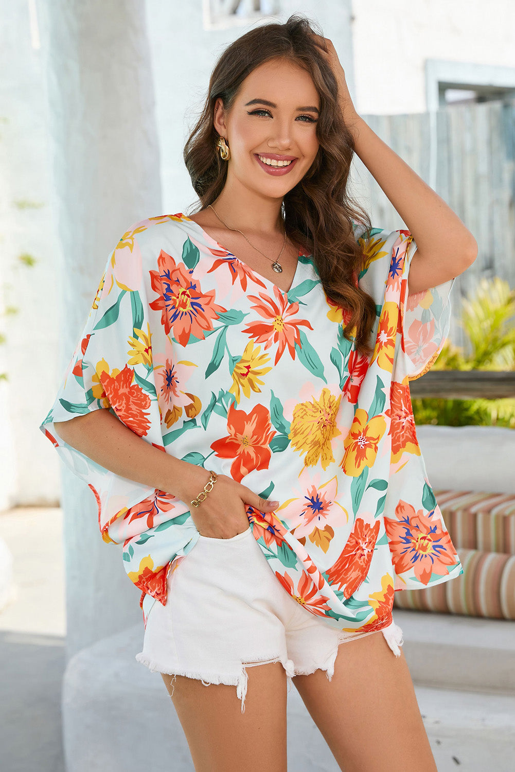 Floral V-Neck Tunic Blouse-Pimamour