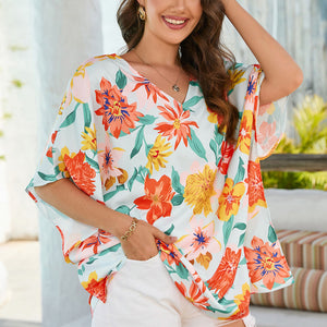 Floral V-Neck Tunic Blouse-Pimamour