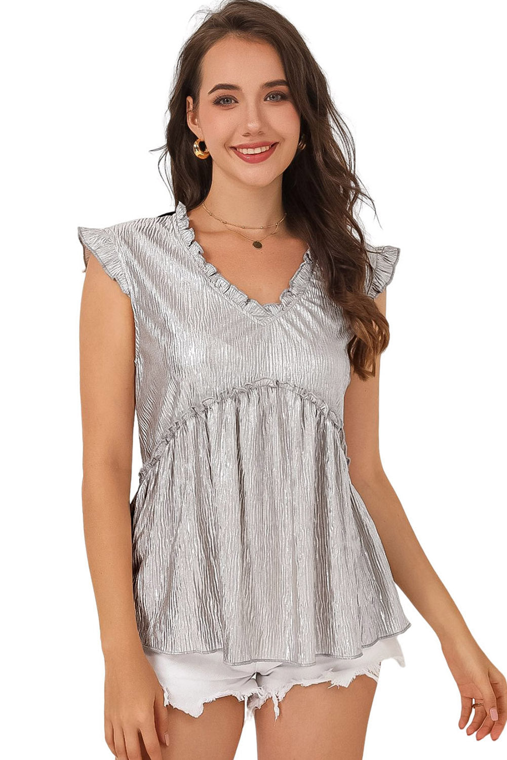 Frill Trim V-Neck Metallic Blouse-Pimamour