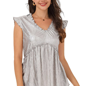 Frill Trim V-Neck Metallic Blouse-Pimamour