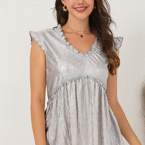 Frill Trim V-Neck Metallic Blouse-Pimamour