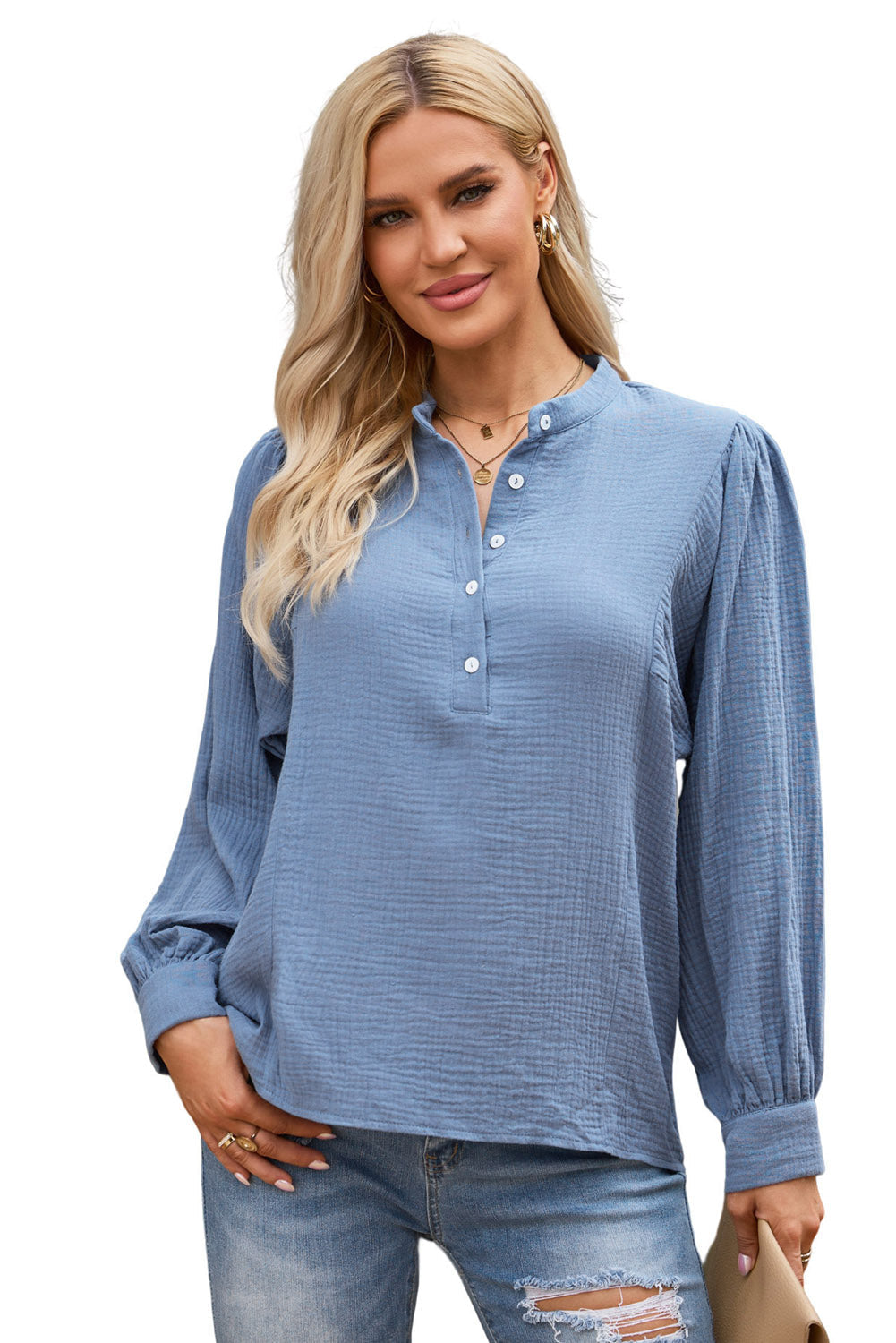 Half Button Puff Sleeve Blouse-Pimamour