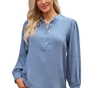 Half Button Puff Sleeve Blouse-Pimamour