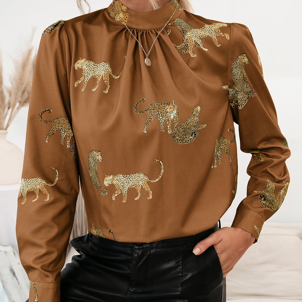 Leopard Graphic Mock Neck Puff Sleeve Blouse-Pimamour