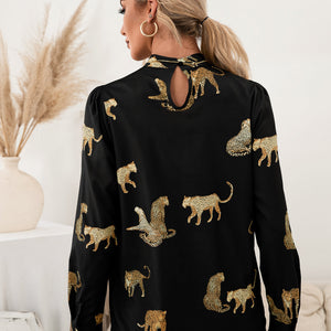 Leopard Graphic Mock Neck Puff Sleeve Blouse-Pimamour