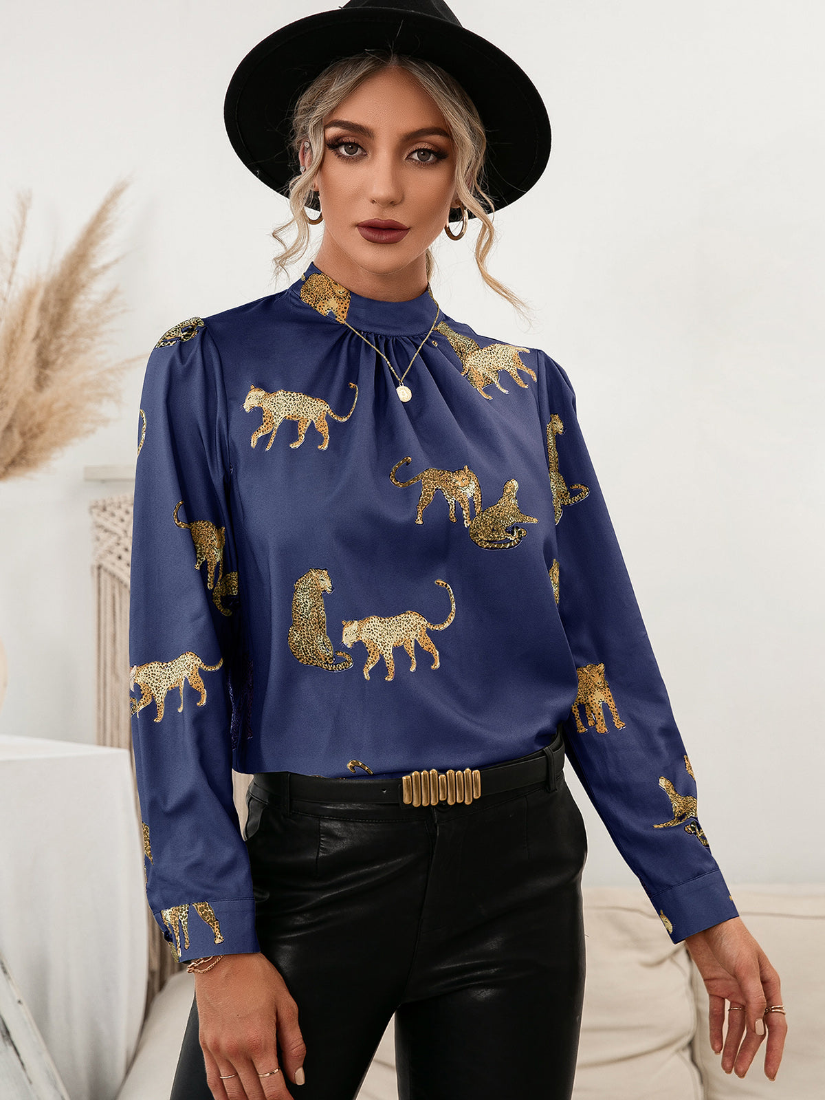 Leopard Graphic Mock Neck Puff Sleeve Blouse-Pimamour