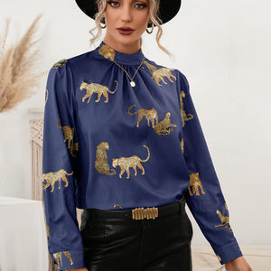 Leopard Graphic Mock Neck Puff Sleeve Blouse-Pimamour