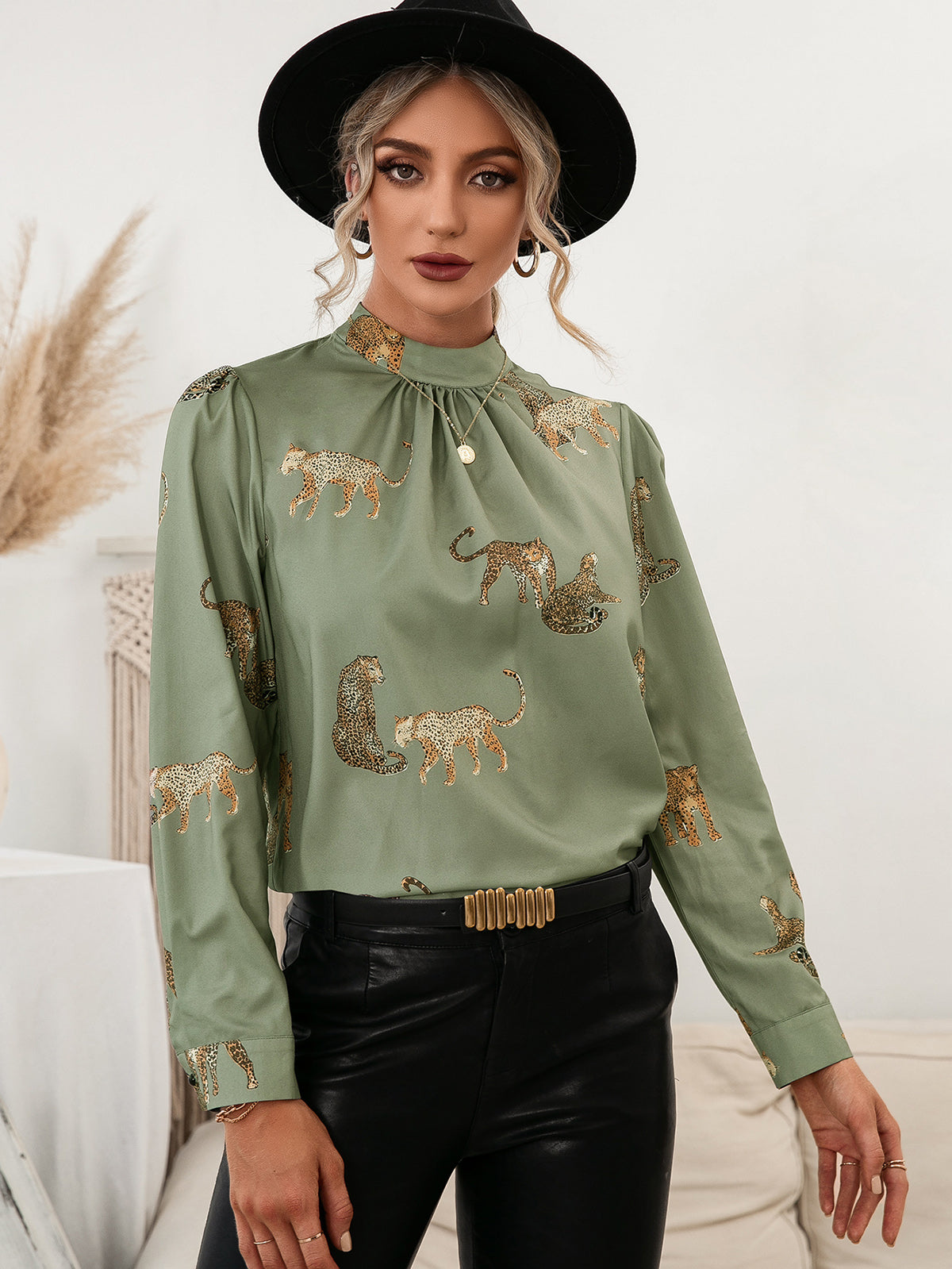 Leopard Graphic Mock Neck Puff Sleeve Blouse-Pimamour