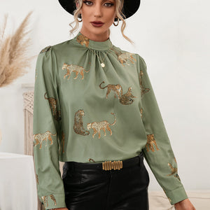 Leopard Graphic Mock Neck Puff Sleeve Blouse-Pimamour