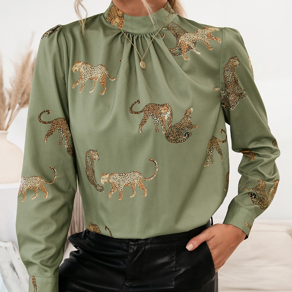 Leopard Graphic Mock Neck Puff Sleeve Blouse-Pimamour