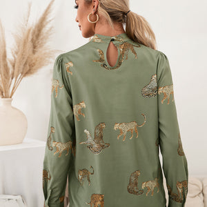 Leopard Graphic Mock Neck Puff Sleeve Blouse-Pimamour