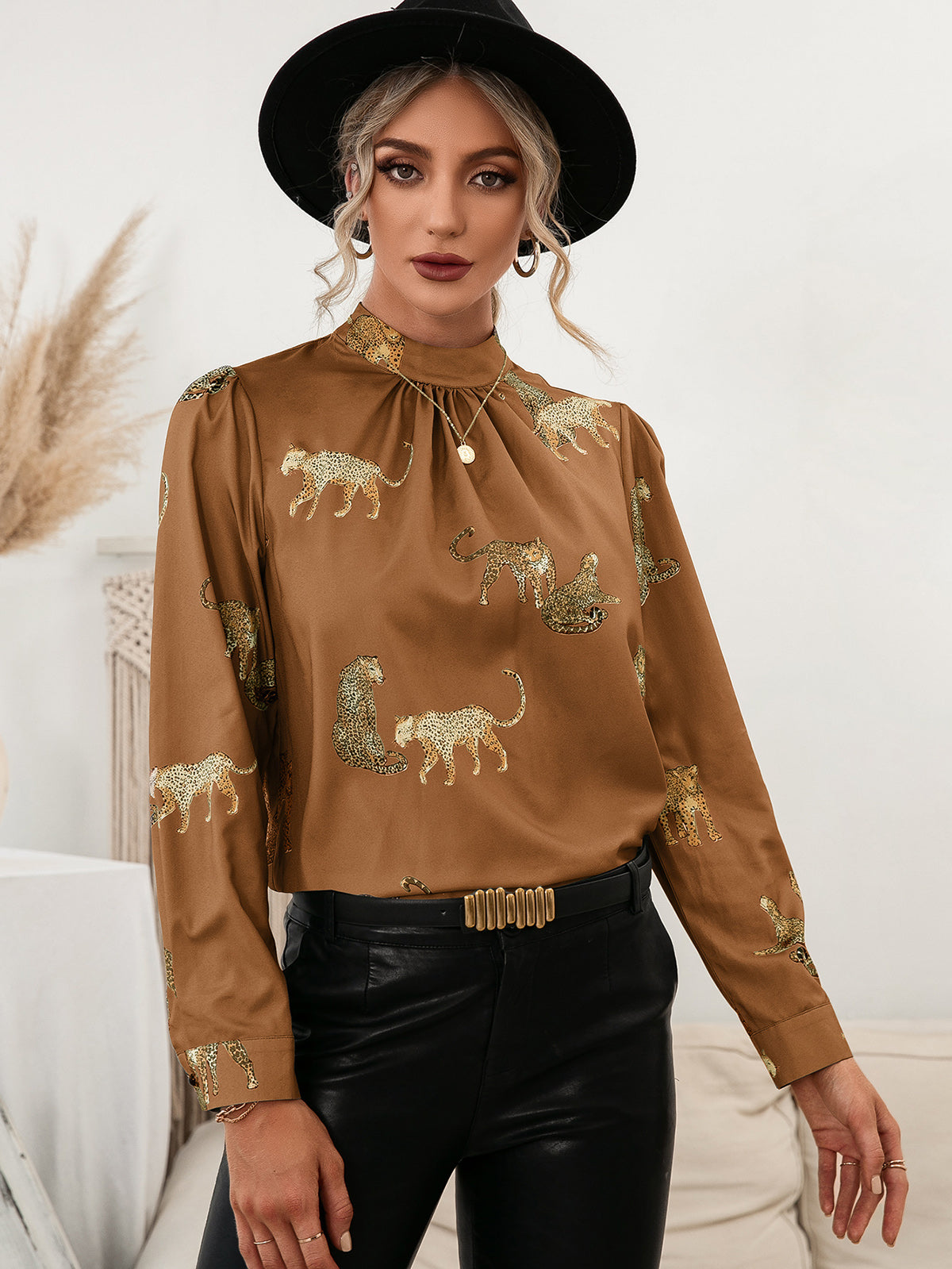 Leopard Graphic Mock Neck Puff Sleeve Blouse-Pimamour