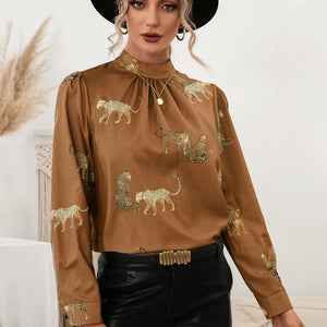 Leopard Graphic Mock Neck Puff Sleeve Blouse-Pimamour