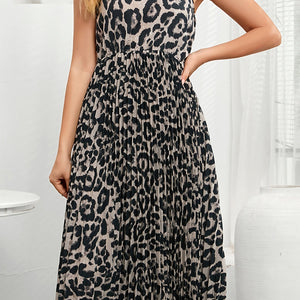 Leopard Print Spaghetti Strap Pleated Dress-Pimamour