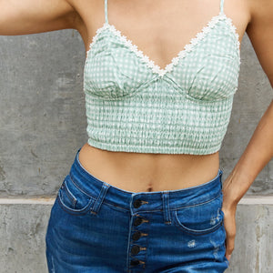 Leto Gingham Daisy Trim Smocked Bustier in Sage-Pimamour