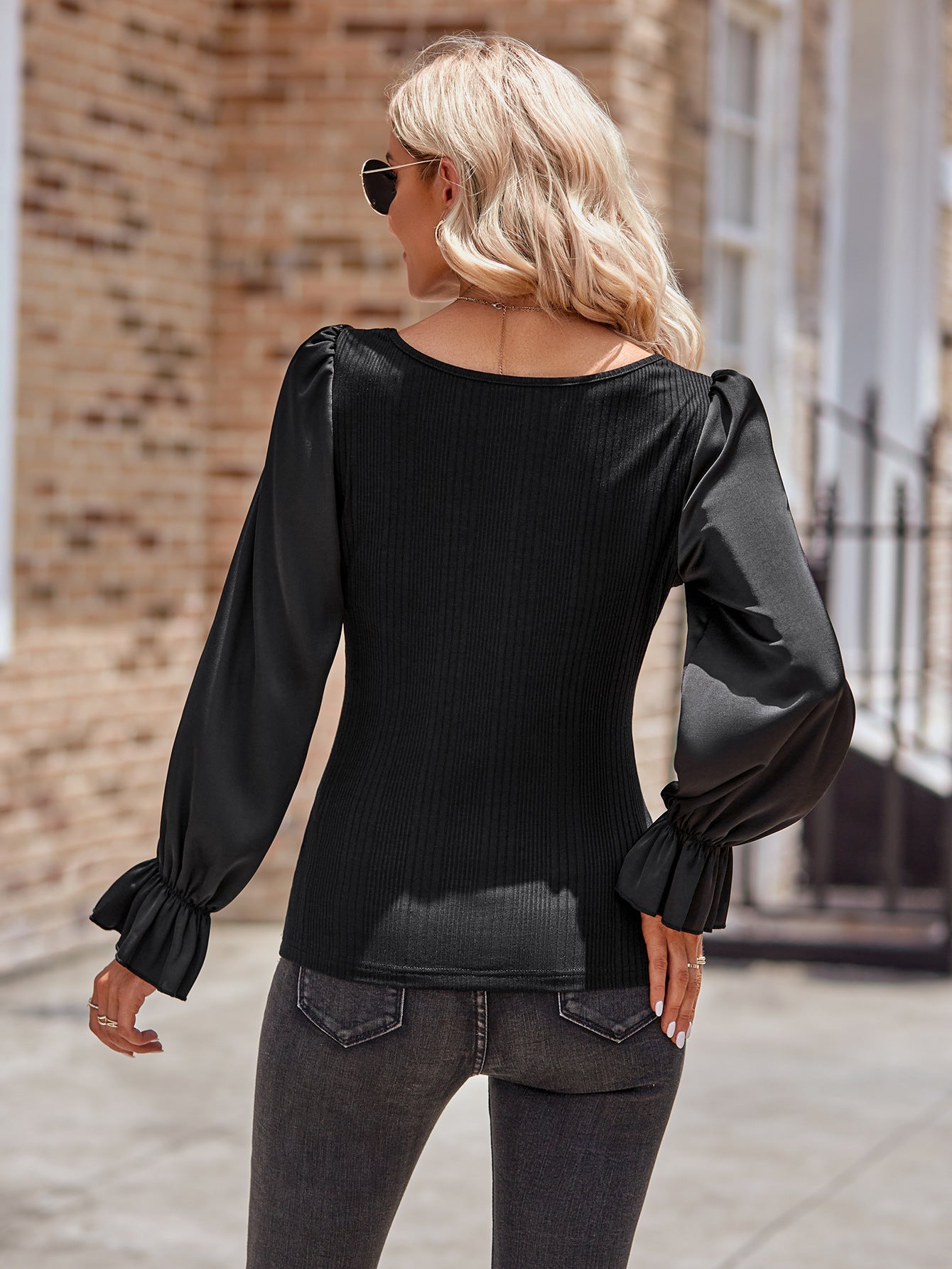 Long Flounce Sleeve Round Neck Blouse-Pimamour