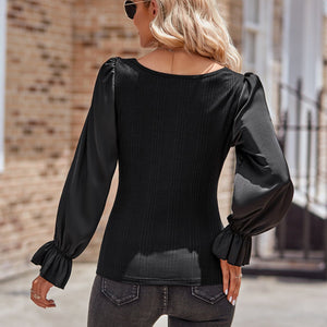 Long Flounce Sleeve Round Neck Blouse-Pimamour