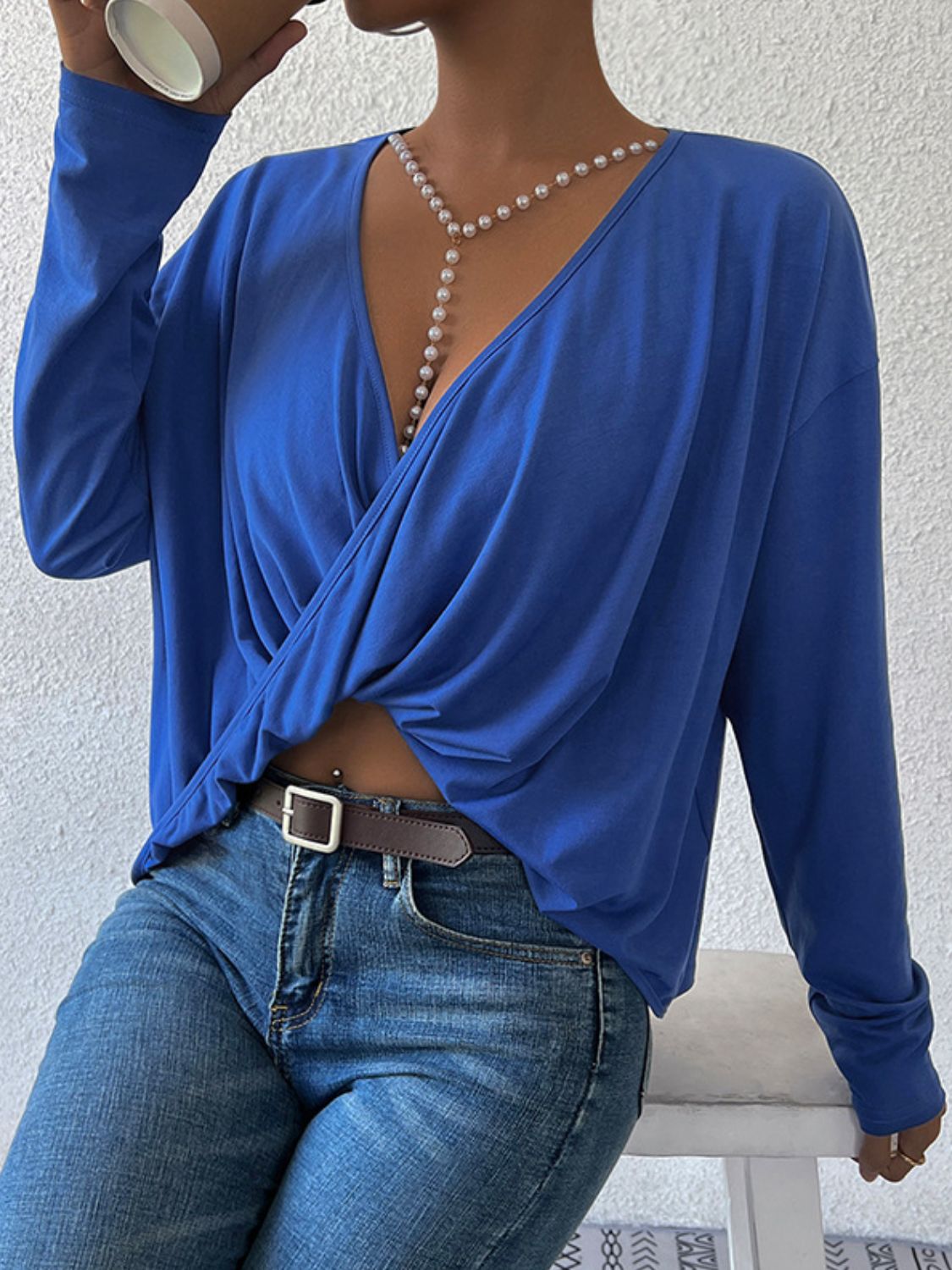 Long Sleeve Twisted Surplice Neck Blouse-Pimamour