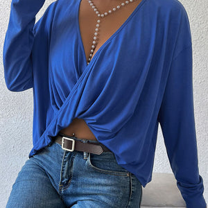 Long Sleeve Twisted Surplice Neck Blouse-Pimamour