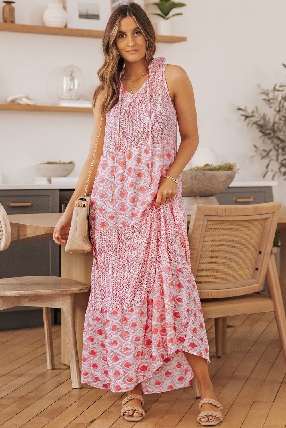 Mixed Print Tie-Neck Sleeveless Maxi Dress-Pimamour