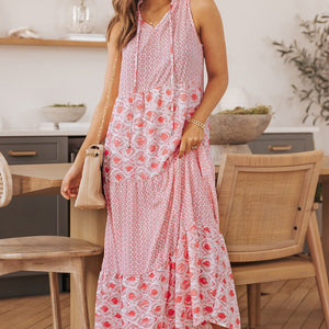 Mixed Print Tie-Neck Sleeveless Maxi Dress-Pimamour