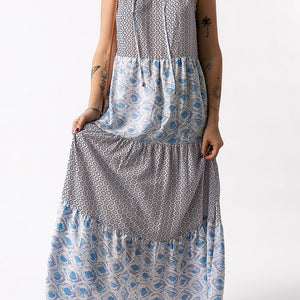 Mixed Print Tie-Neck Sleeveless Maxi Dress-Pimamour