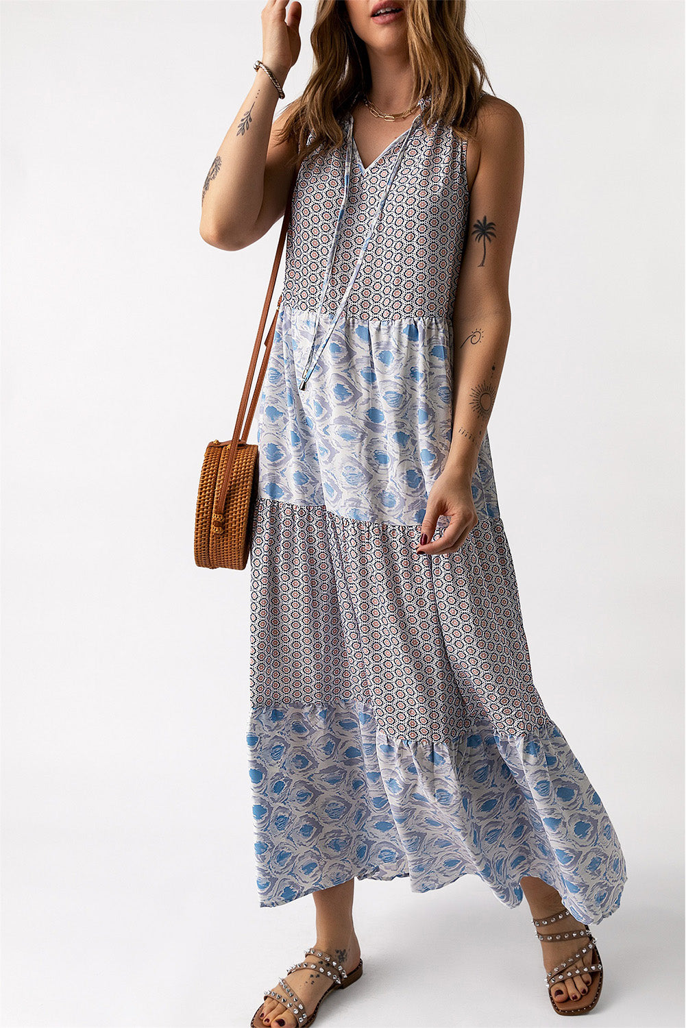 Mixed Print Tie-Neck Sleeveless Maxi Dress-Pimamour