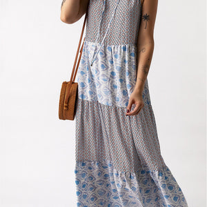 Mixed Print Tie-Neck Sleeveless Maxi Dress-Pimamour