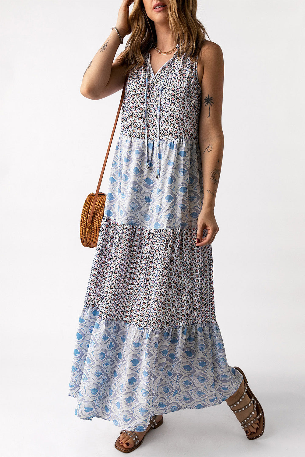 Mixed Print Tie-Neck Sleeveless Maxi Dress-Pimamour