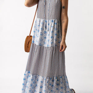 Mixed Print Tie-Neck Sleeveless Maxi Dress-Pimamour