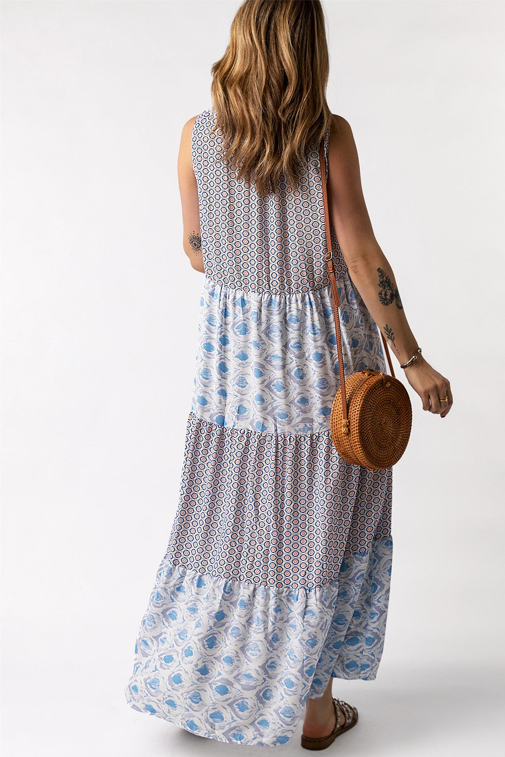 Mixed Print Tie-Neck Sleeveless Maxi Dress-Pimamour