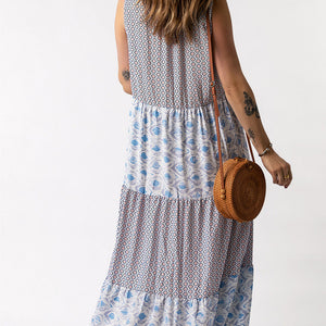 Mixed Print Tie-Neck Sleeveless Maxi Dress-Pimamour