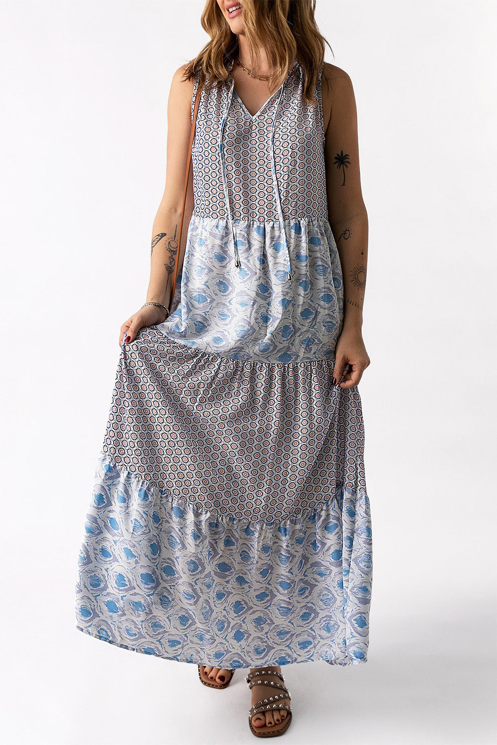 Mixed Print Tie-Neck Sleeveless Maxi Dress-Pimamour