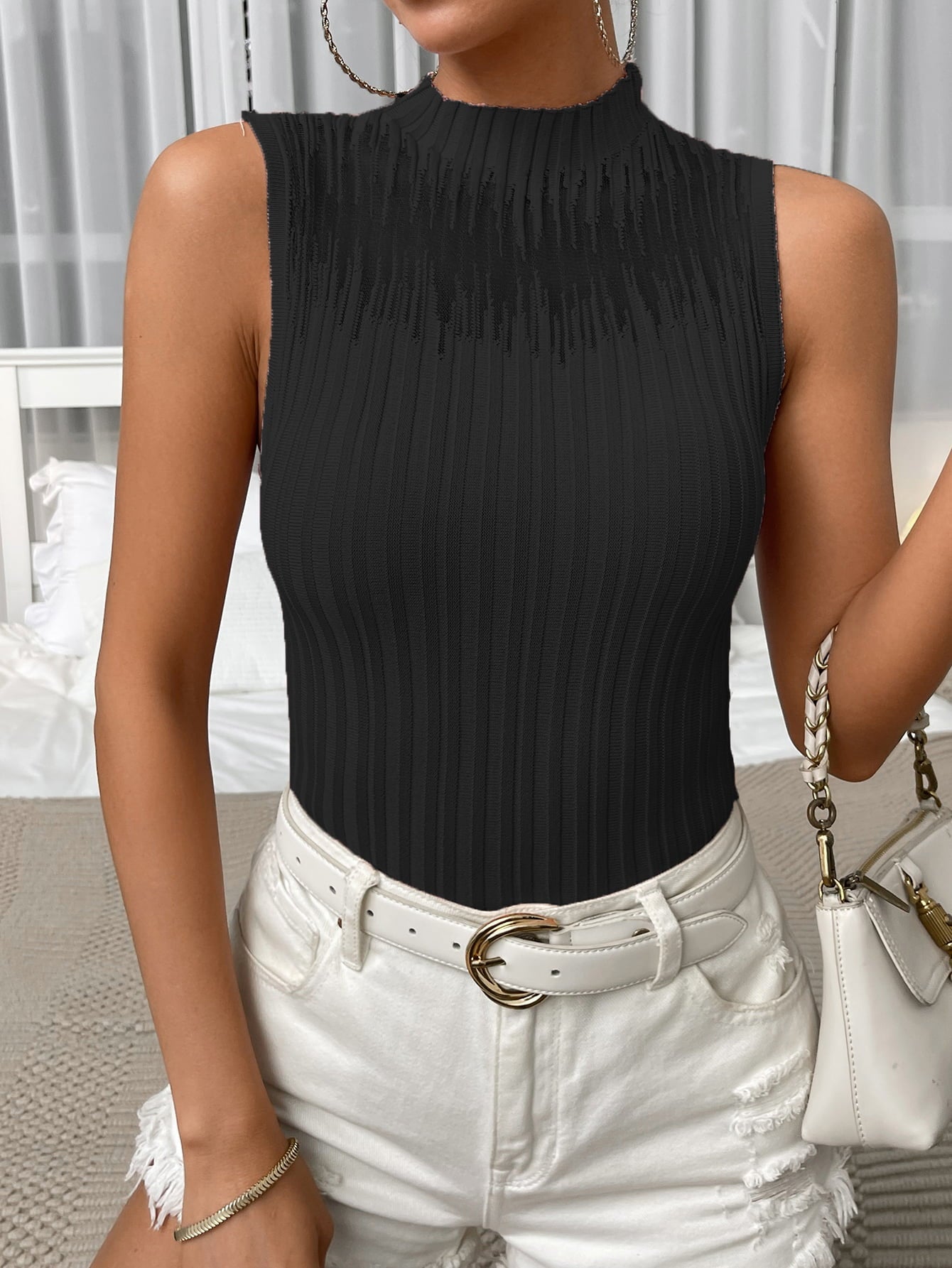 Mock Neck Ribbed Knit Tank-Pimamour