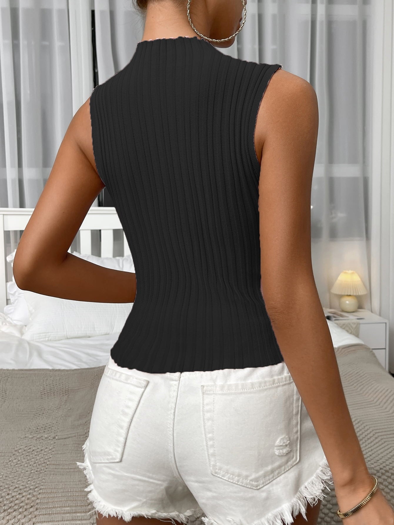 Mock Neck Ribbed Knit Tank-Pimamour